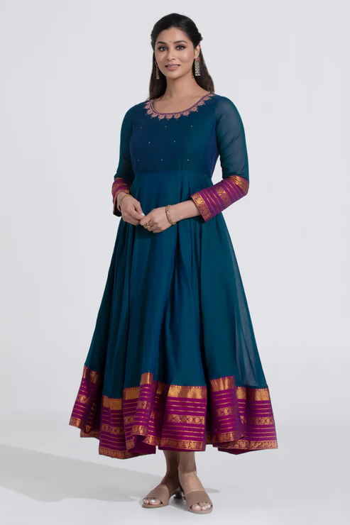 Turquoise Mangalagiri Cotton Anarkali with Foil Mirror Work